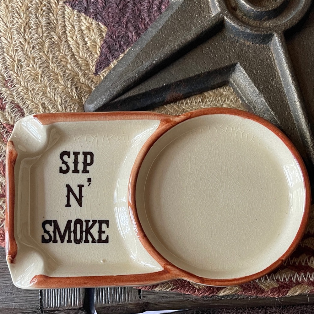 Vintage Cream and Brown Sip N' Smoke Ashtray Set